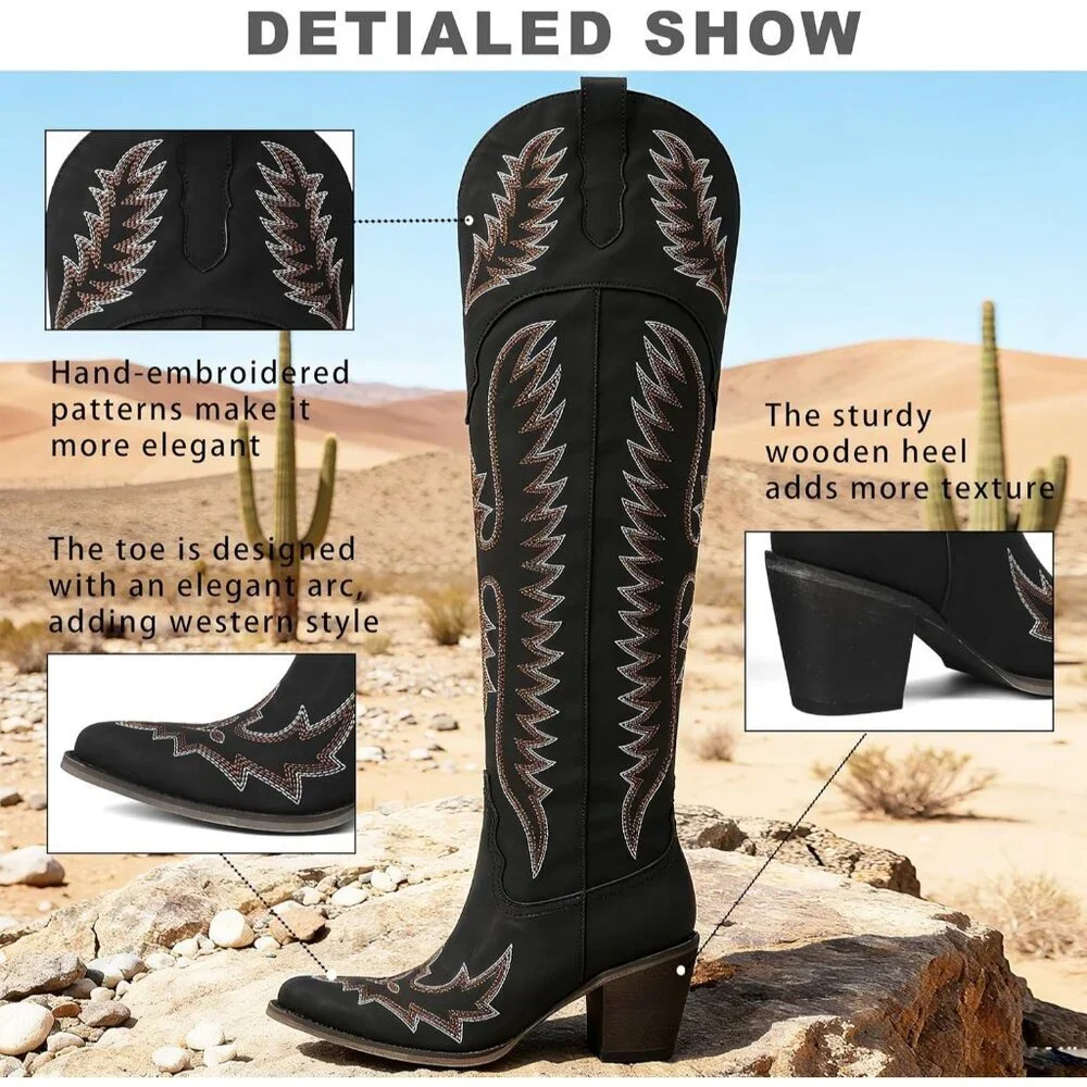Women Over The Knee Western Boots Classic Embroidered Chunky Heel Slip On Black